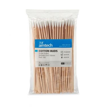 COTTON BUDS AMTECH / SINGLE ENDED WOODEN / NON STERILE / 15CM / PKT/100